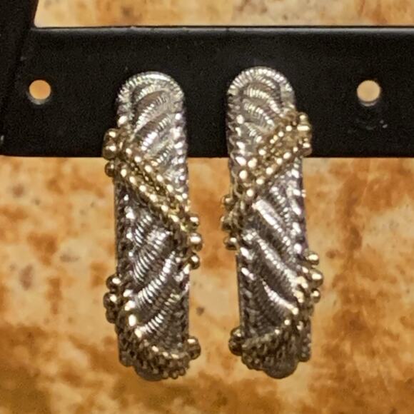 Judith Ripka Earrings Sterling Silve w/ Gold Twist Hoops Omega Backs - Picture 1 of 8
